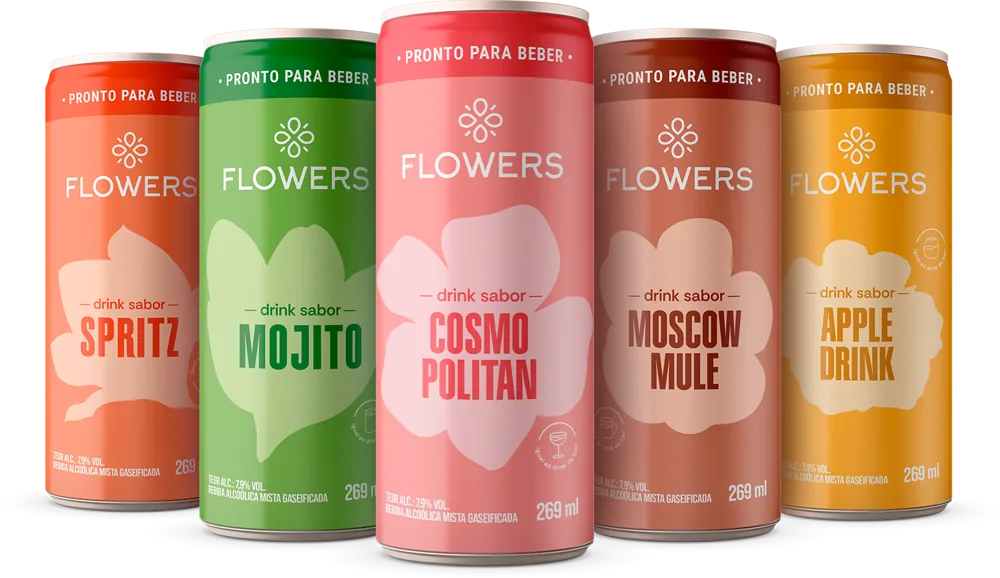 Linha de drinks de bar Flowers em lata: Spritz, Mojito, Cosmopolitan, Moscow Mule e Apple Drink