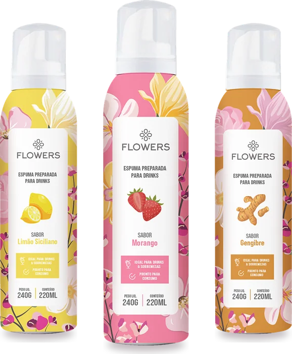 Espumas Flowers para drinks: Limão Siciliano, Morango e Gengibre