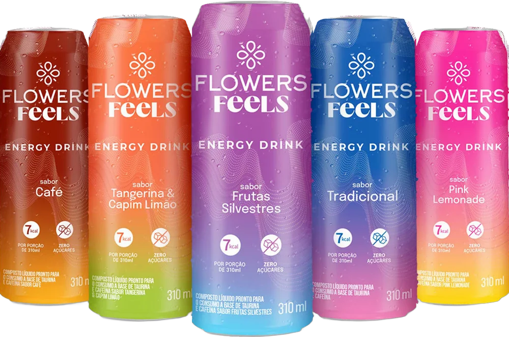 Linha Flowers Feels energy drink: Café, Tangerina e Capim Limão, Frutas Silvestres, Tradicional e Pink Lemonade