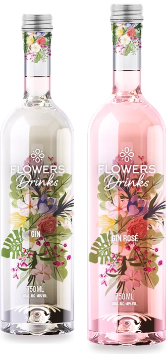Garrafas Flowers Drinks Gin tradicional e Gin Rosé, 750 ml