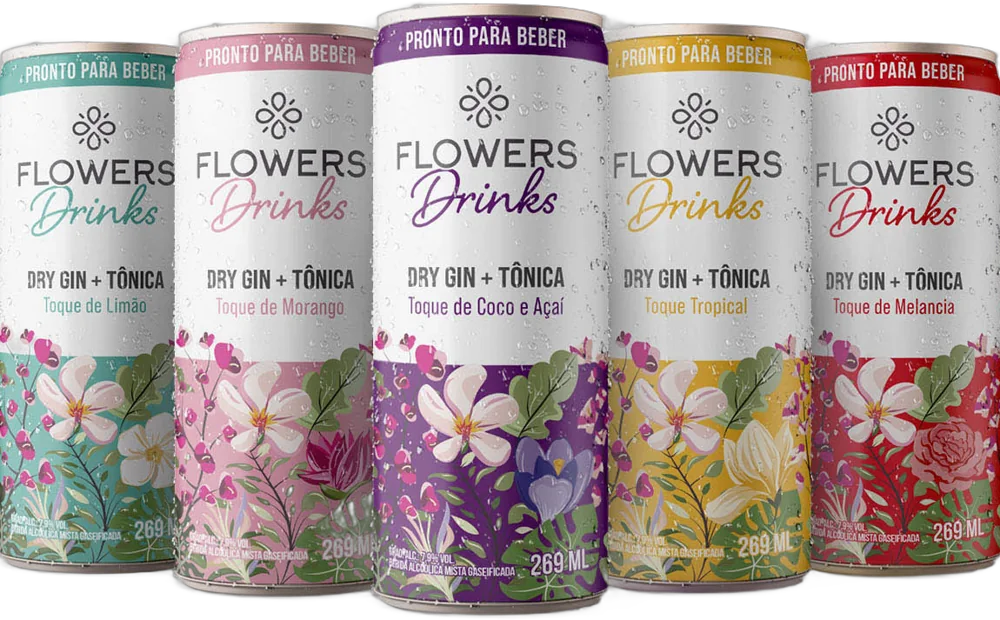 Linha de gin tônica Flowers Drinks em lata: Limão, Melancia, Morango, Tropical e Coco e Açaí